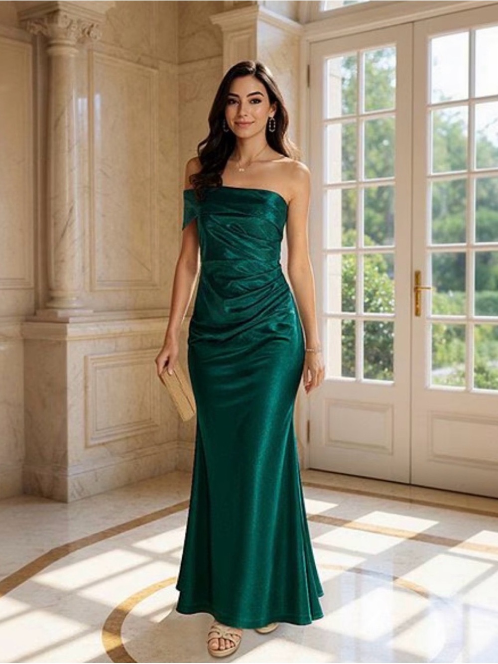 Eliza J Off-Shoulder Emerald Green Satin Evening Gown 4